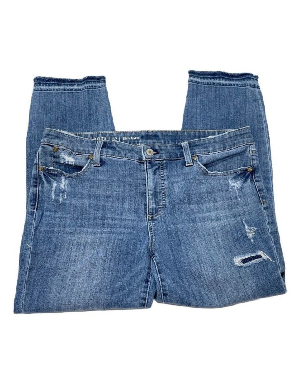 Talbots Flawless Slim Ankle Jeans Size 12 Distressed Raw Hem Medium Wash Stretch - Picture 2 of 12